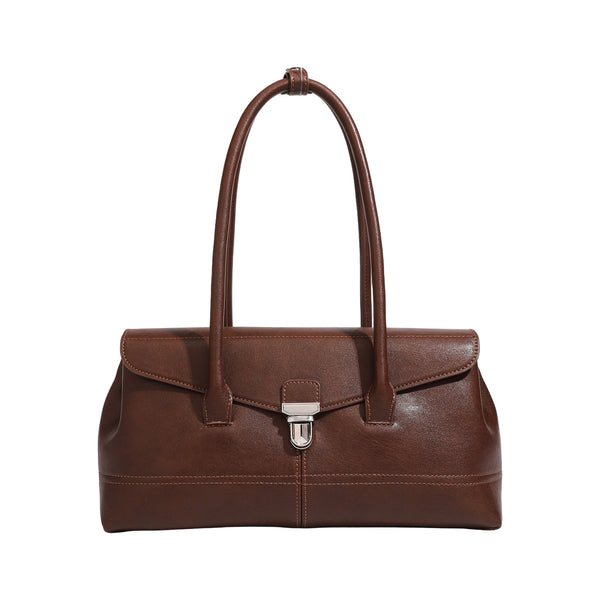 Structured rectangular satchel bag with dual rounded top handles and central metal turn-lock flap closure, detail view 5