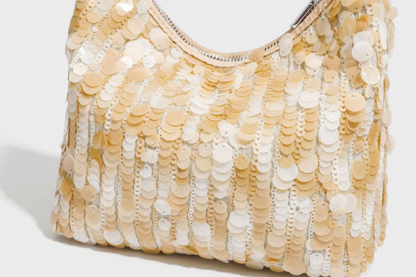 Small crescent sequin shoulder bag with pearl beaded strap and zip closure, detail view 28