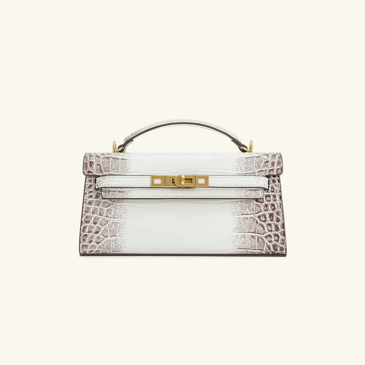 Structured croc-embossed rectangular satchel bag with gold turn-lock hardware and short top handle, front view
