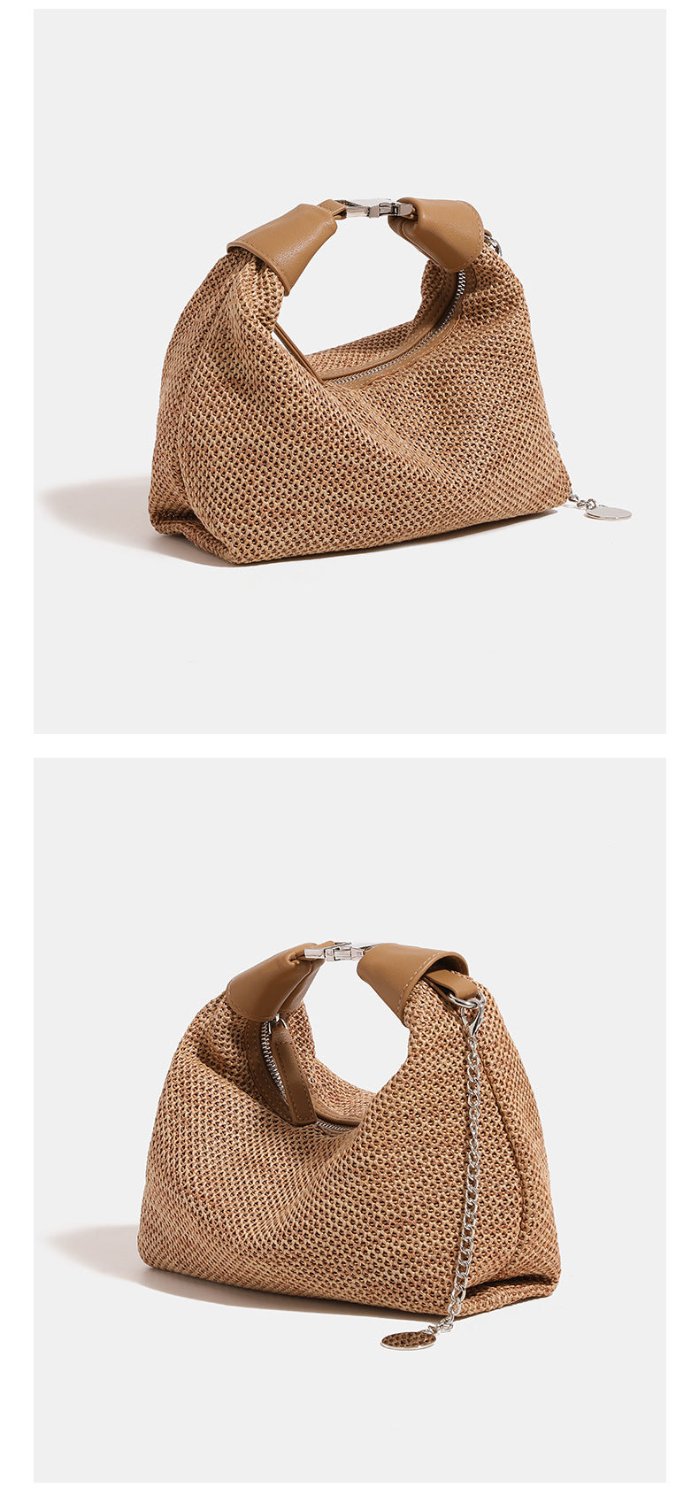 Kleine geflochtene Hobo-Bag aus Stroh mit Reißverschluss, Besatz in Lederoptik und silberfarbenen Beschlägen, Detailansicht 9