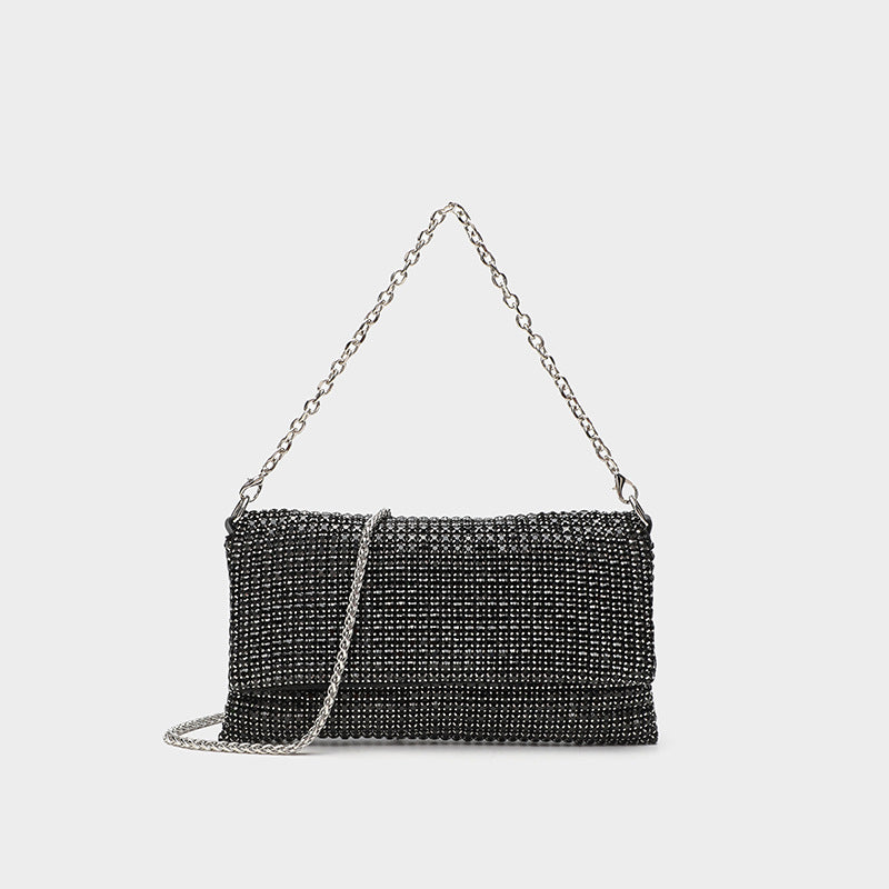 Small rectangular all-over rhinestone flap crossbody clutch bag with silver chain strap, detail view 2
