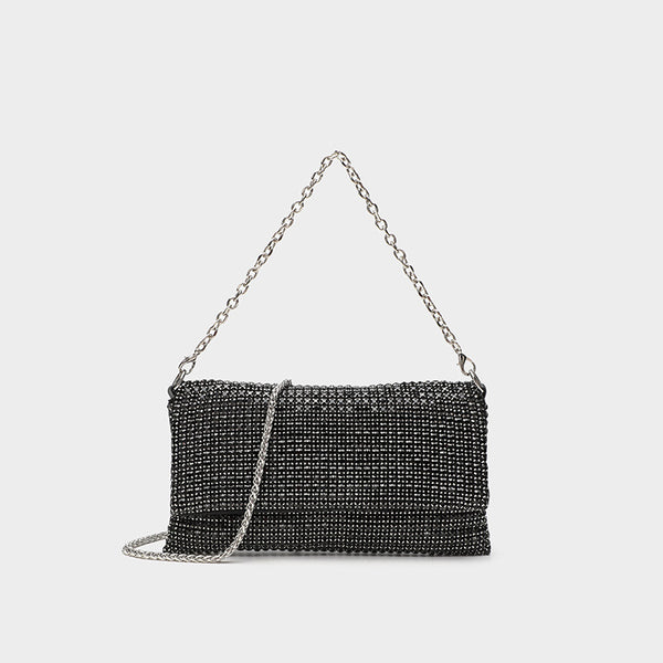 Small rectangular all-over rhinestone flap crossbody clutch bag with silver chain strap, detail view 2