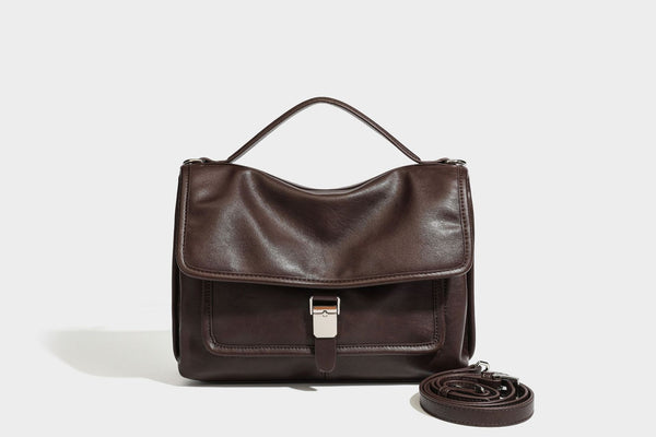Structured rectangular satchel bag in dark espresso brown with smooth leather-look finish, flap front with silver turn-lock