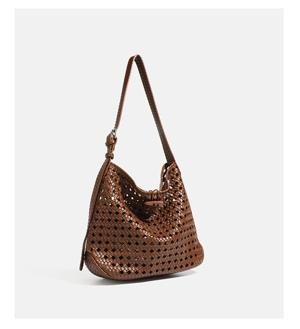 Brown open-lattice woven leather-look hobo shoulder bag with braided strap and matching zip pouch, detail view 15