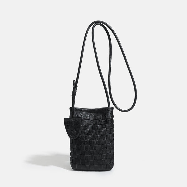 Mini woven square-pattern crossbody phone bag with long cord strap and front snap flap pocket in red textured leather-look