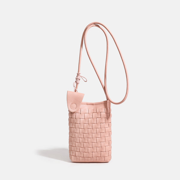 Mini woven square-pattern crossbody phone bag with long cord strap and front snap flap pocket in red textured leather-look