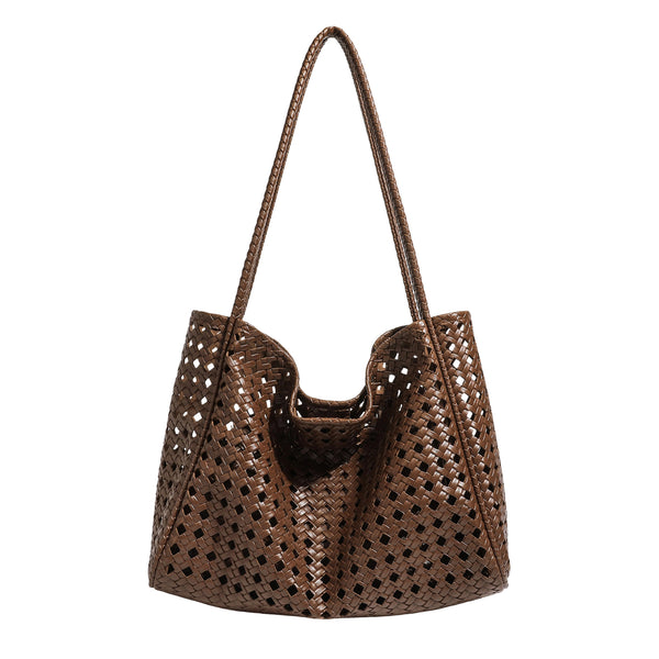 Slouchy open-lattice woven shoulder tote bag with long braided straps and matching zip pouch, detail view 5