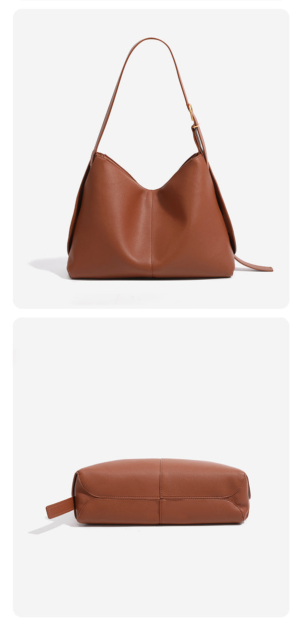 Soft pebbled leather-look hobo shoulder bag with crescent dipped opening, central seam, and adjustable strap, detail view 11