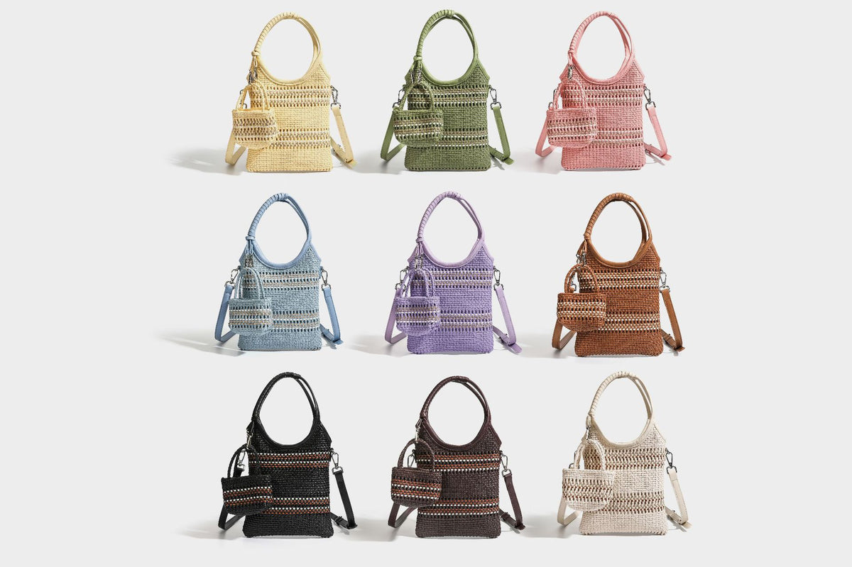 Color-block woven tote bag with rounded leather-look handles, detachable crossbody strap, and matching mini clip-on pouch in