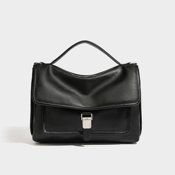 Structured rectangular flap satchel in espresso brown leather-look finish with silver-tone turn-lock buckle, top handle, and
