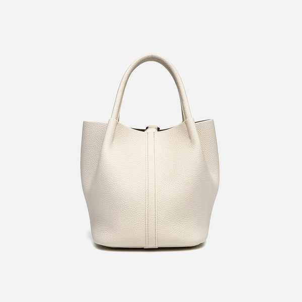 Pebbled leather-look bucket tote bag with rounded top handles and detachable shoulder strap, front view