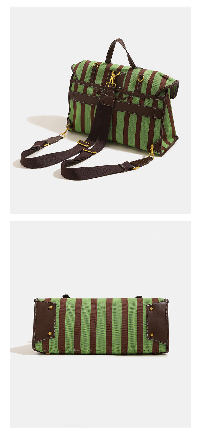 Structured striped canvas convertible satchel bag with leather-look trim, gold-tone buckle hardware, and backpack straps