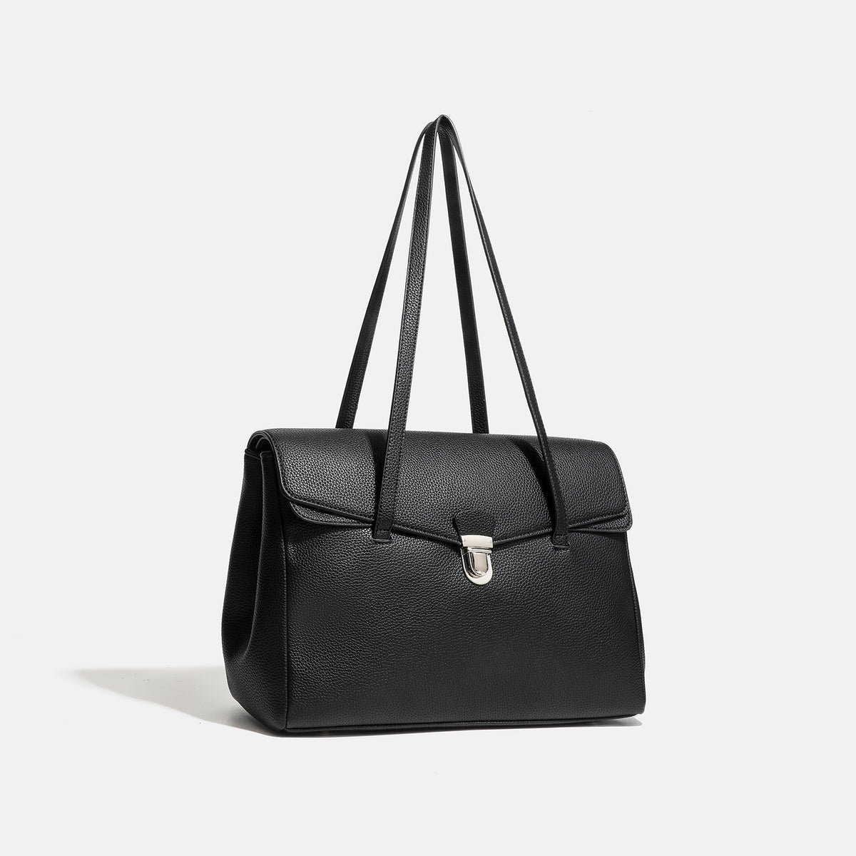 Structured black pebbled-finish flap tote bag with silver turn-lock clasp and long double shoulder straps, detail view 2