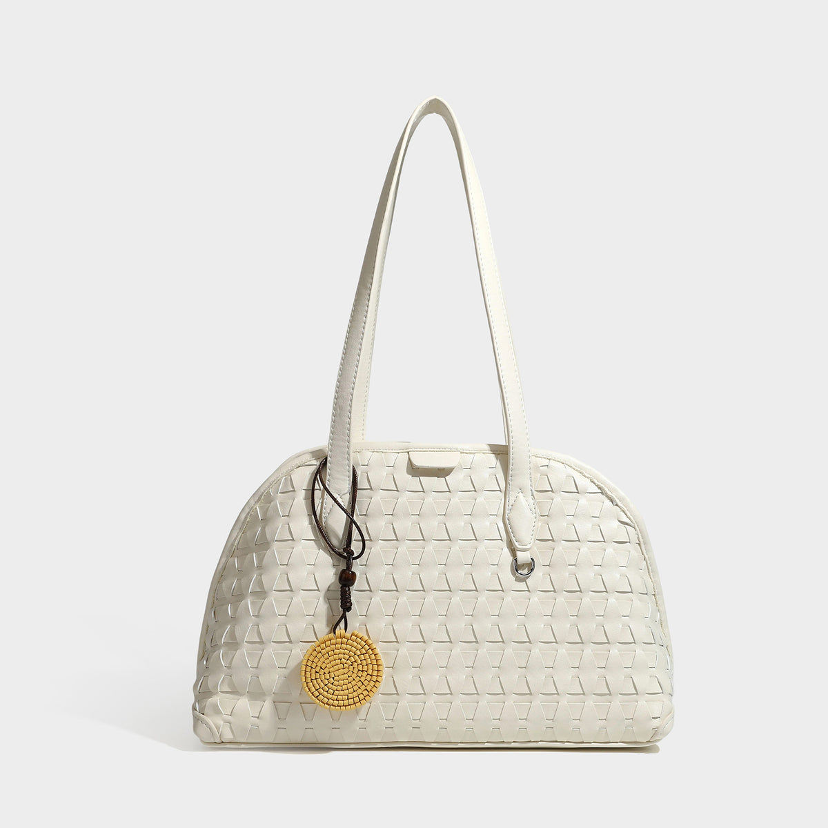 Strukturierte, kuppelförmige Schultertasche im Shopper-Stil mit geometrischer Webstruktur in Lederoptik, langen Doppelriemen, Reißverschluss oben und rund