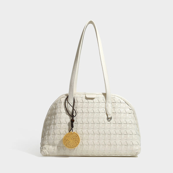 Strukturierte, kuppelförmige Schultertasche im Shopper-Stil mit geometrischer Webstruktur in Lederoptik, langen Doppelriemen, Reißverschluss oben und rund