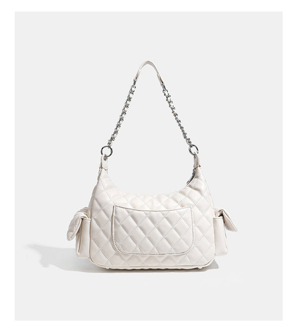 Off-white quilted leather-look hobo shoulder bag with diamond stitching, chain-and-strap handle, two front flap pockets