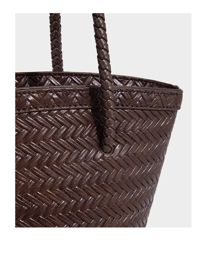 Chevron-woven bucket tote bag with braided shoulder straps and matching drawstring pouch, detail view 21