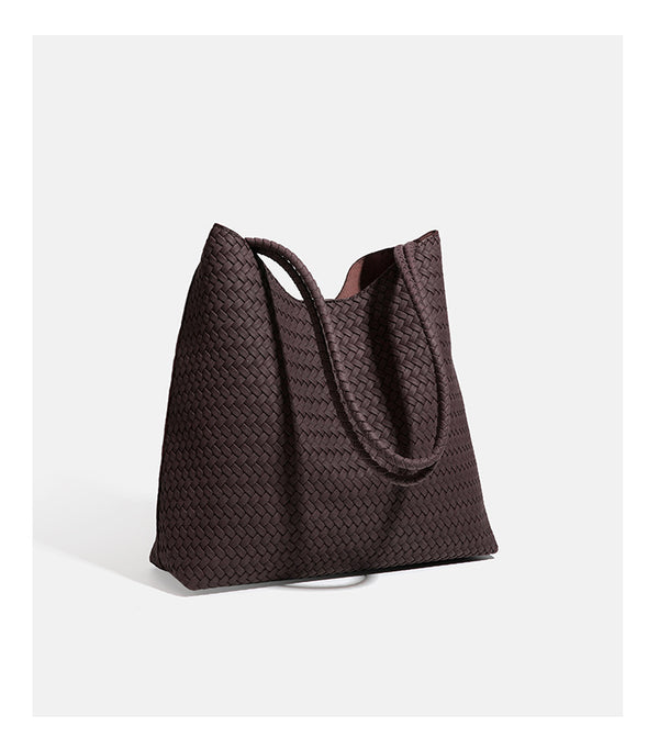 Large woven hobo shoulder bag with braided strap and matching zip pouch in dark brown, detail view 16