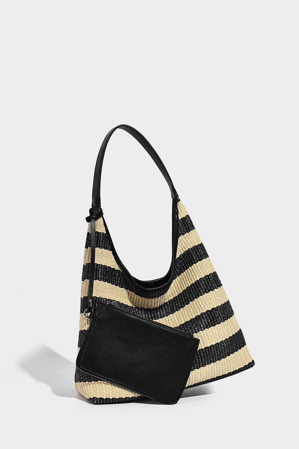 Black and beige striped woven shoulder tote bag with leather-look trim and detachable black zip pouch, detail view 13