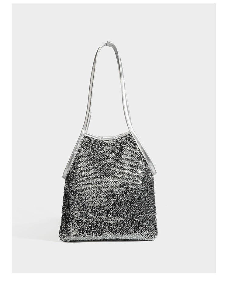 Kleine Schulter-Tote-Bag mit Pailletten, langem Metallic-Riemen und trapezförmiger Silhouette, Detailansicht 10