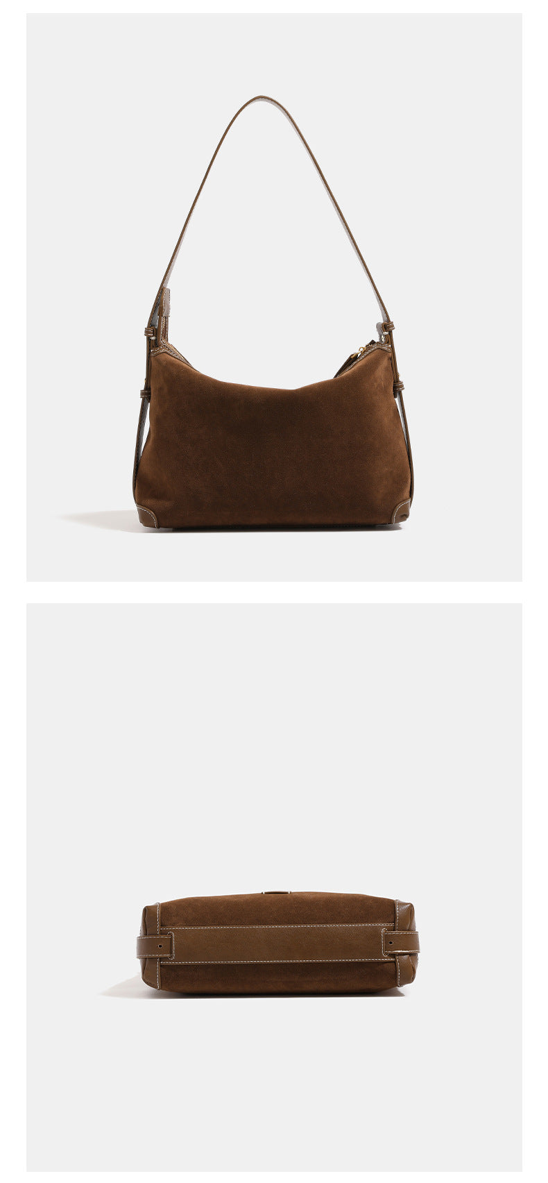 Hobo-Tasche in Tabakbraun mit Velourslederoptik, Besätzen in Kunstlederoptik, Kontrastnähten, goldfarbenen Beschlägen und verstellbarem Crossbody-Riemen
