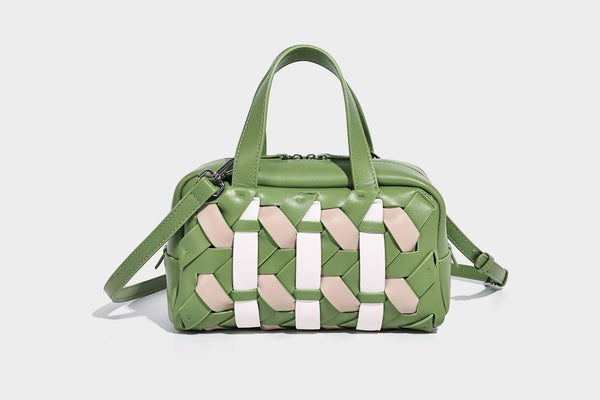 Small structured satchel bag with two-tone woven front panel, dual top handles, and detachable crossbody strap in tan brown