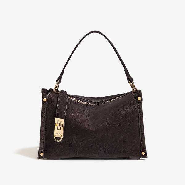 Small structured square handbag in deep dark brown matte pebbled finish with gold-tone turn-lock clasp, top zipper, corner