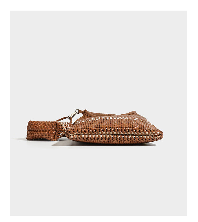 Brown two-tone woven leather-look shoulder bag with braided top handles, detachable mini pouch, and adjustable crossbody