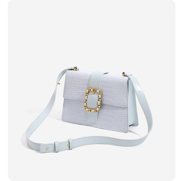 Structured crocodile-embossed flap shoulder bag with gold chain buckle hardware and adjustable strap, detail view 11