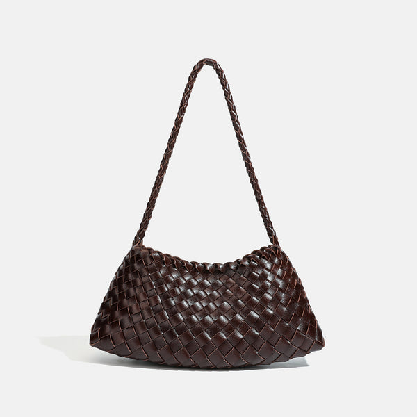 Dark brown hand-woven leather-look hobo shoulder bag with braided strap and drawstring closure, detail view 6