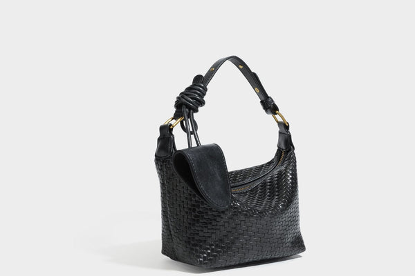 Small glossy basket-weave hobo shoulder bag in brown with knotted top handle, flap accent pocket, and gold-tone hardware