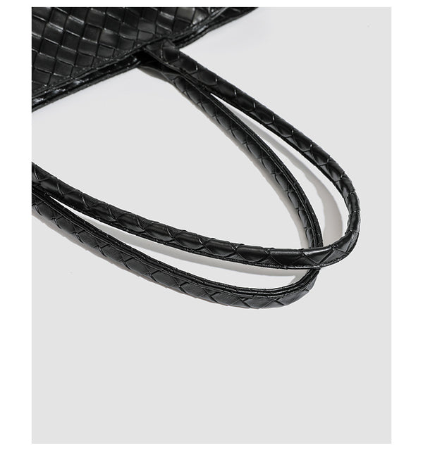 Large structured black woven diamond-pattern tote bag with braided double shoulder straps and glossy leather-look finish