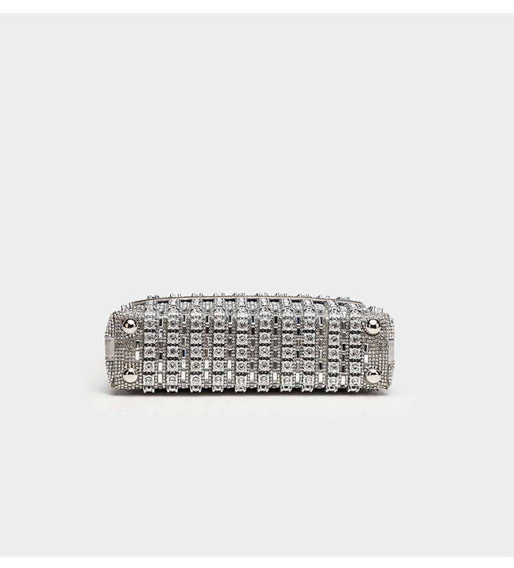 Structured mini flap crossbody bag covered in grid-set rhinestones with silver-tone chain strap, detail view 8