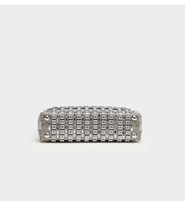 Structured mini flap crossbody bag covered in grid-set rhinestones with silver-tone chain strap, detail view 8