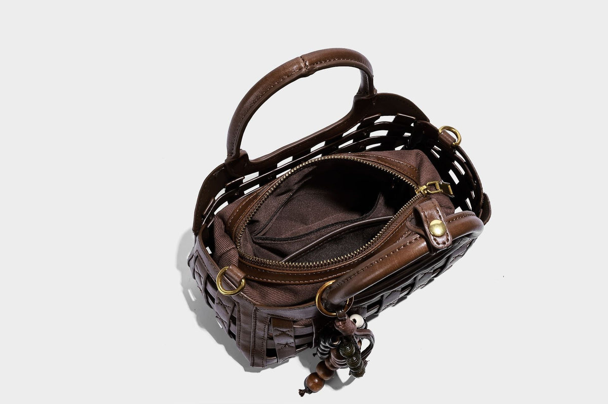 Small structured woven lattice top-handle satchel bag with bead-and-tassel charm and gold-tone hardware, detail view 29