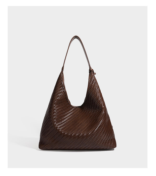 Slouchy woven leather-look hobo tote bag in brown with detachable zip pouch and gold-tone hardware, detail view 16