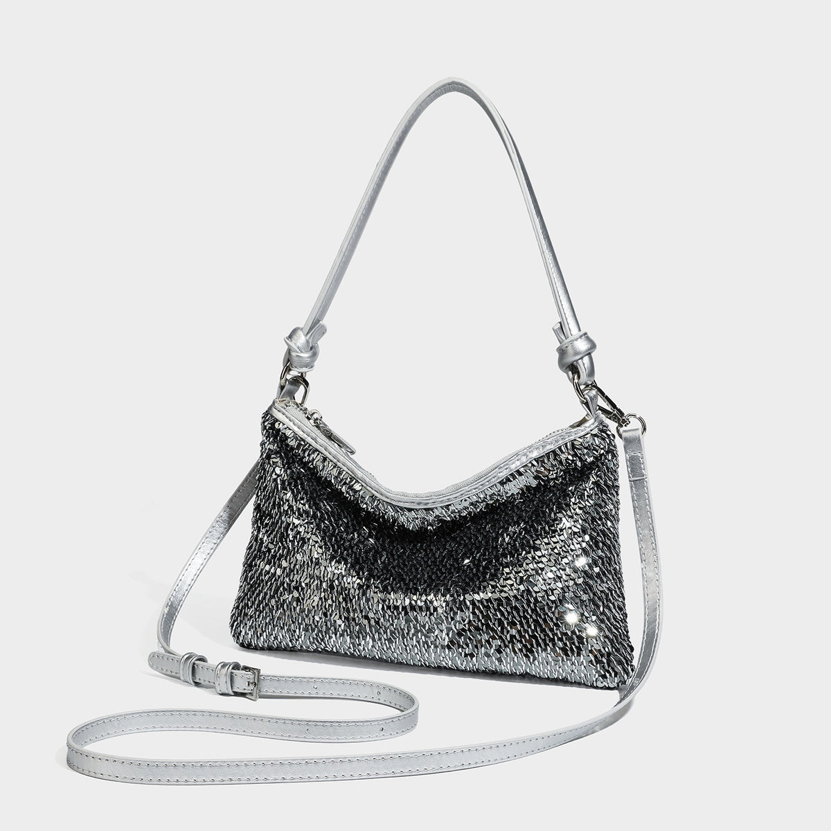 Small sequin hobo shoulder bag with knotted strap and zip closure, front view