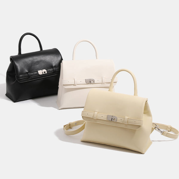 Structured matte leather-look convertible flap handbag with silver-tone turn-lock clasp and top handle, detail view 2