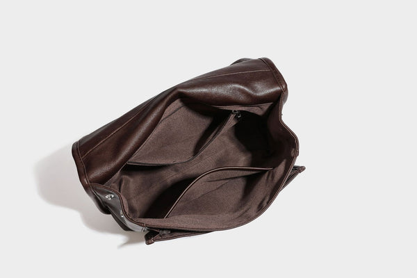 Structured rectangular satchel bag in dark espresso brown with smooth leather-look finish, flap front with silver turn-lock
