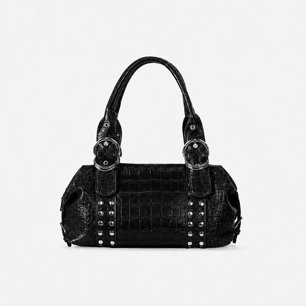 Croc-embossed leather-look barrel satchel bag with silver ring buckle hardware and stud panel trim, detail view 9