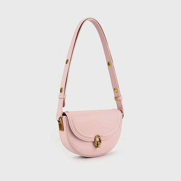 Mini black leather-look saddle bag with gold-tone carabiner clasp and adjustable shoulder strap, detail view 3