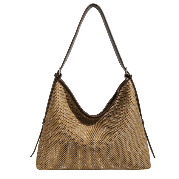 Large slouchy woven shoulder bag with dark brown leather-look trim and adjustable strap, detail view 5