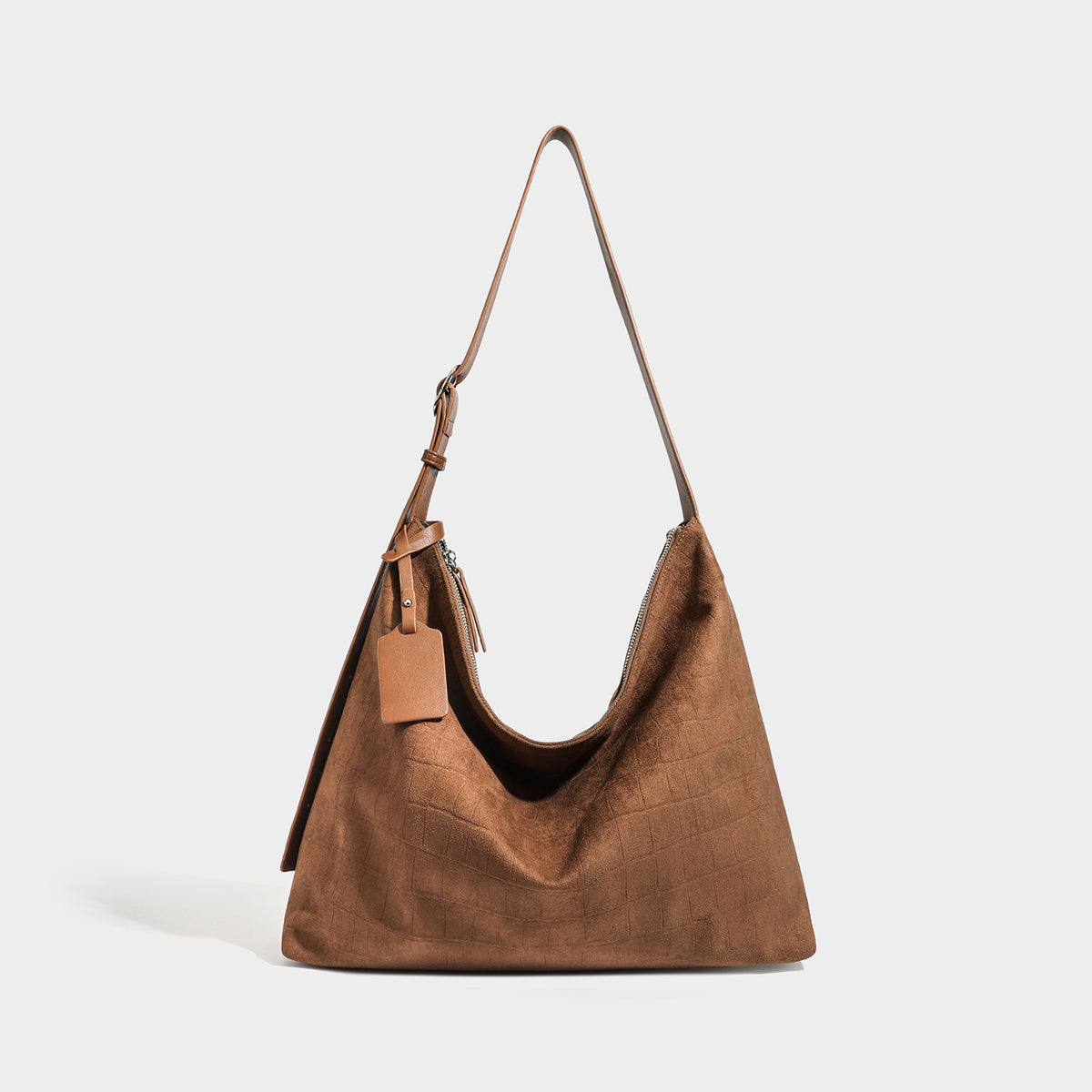 Slouchy croc-embossed matte hobo shoulder bag with adjustable strap and top zip closure, detail view 2
