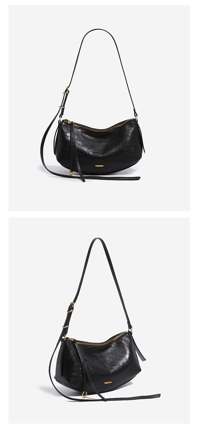 Compact soft rounded zip-top shoulder bag with gold-tone hardware and adjustable crossbody strap, detail view 10