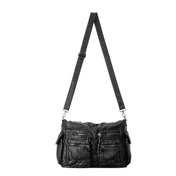 Große schwarze Hobo-Schultertasche in Used-Lederoptik mit mehreren Reißverschlussfächern auf der Vorderseite, zwei Tragegriffen und abnehmbarem