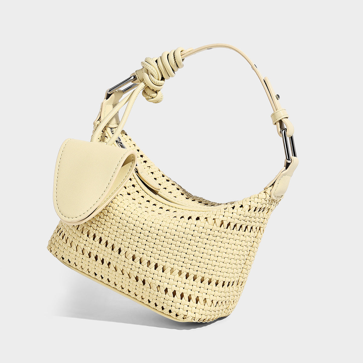 Kleine gewebte Hobo-Schultertasche in Gitteroptik mit sichelförmiger Silhouette, Reißverschluss oben, silberfarbenen Beschlägen und verstellbarem, Detail