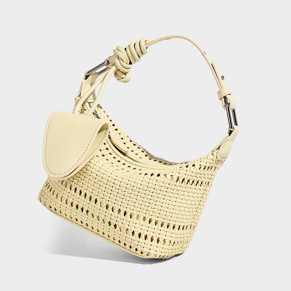 Kleine gewebte Hobo-Schultertasche in Gitteroptik mit sichelförmiger Silhouette, Reißverschluss oben, silberfarbenen Beschlägen und verstellbarem, Detail