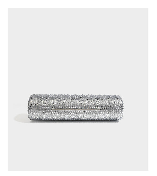Structured rectangular hard-case clutch bag covered in all-over rhinestone crystal embellishment with curved kiss-lock top