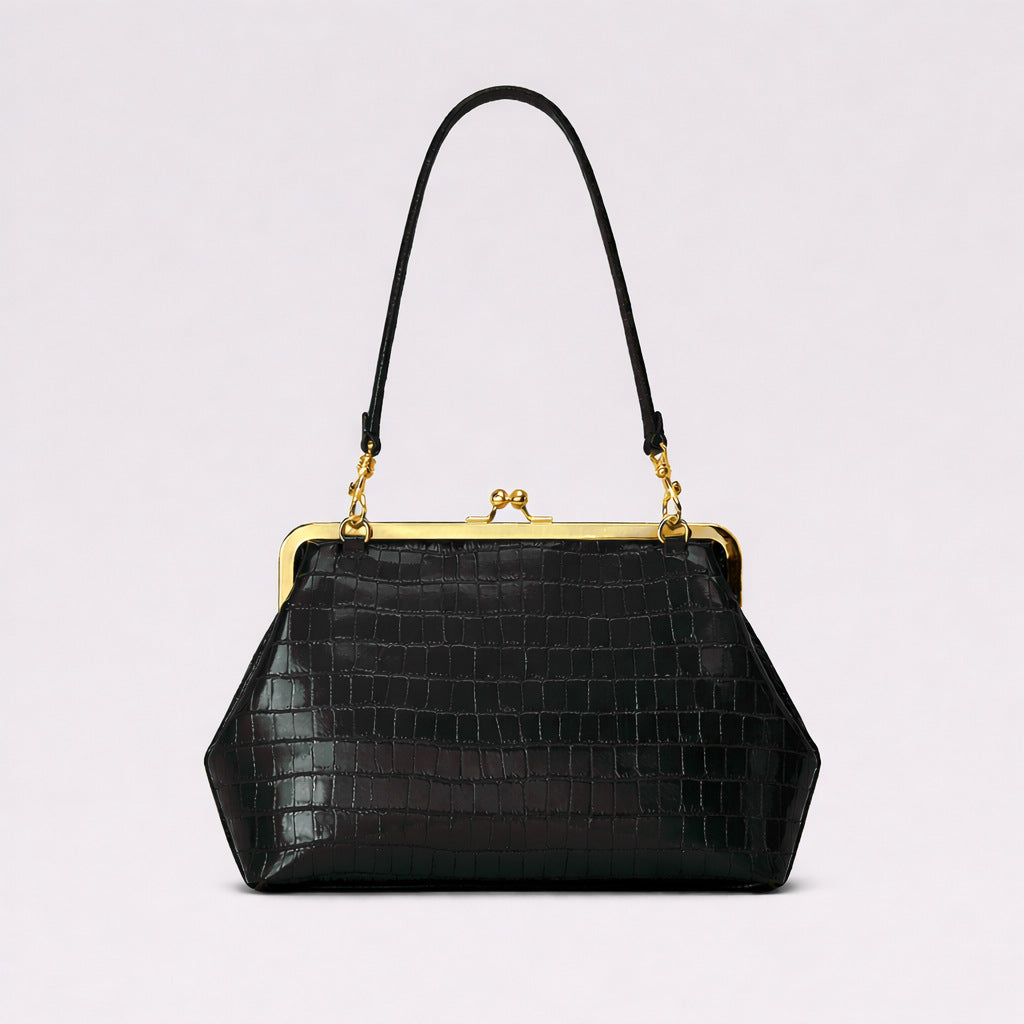 Trapezoid kiss-lock frame shoulder bag with gold-tone hardware and slim adjustable strap, detail view 11