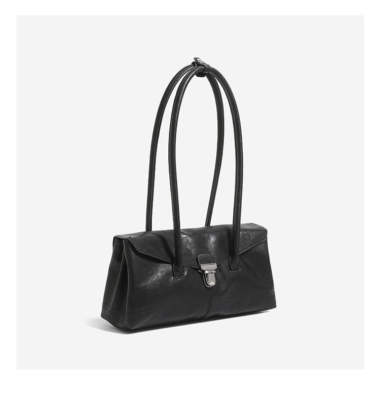 Compact structured rectangular flap shoulder bag with silver-tone turn-lock clasp and long rounded handles, detail view 9